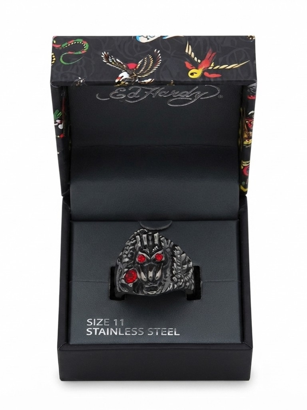 Ed Hardy Black Stainless Steel Dragon Ring with Red Stones